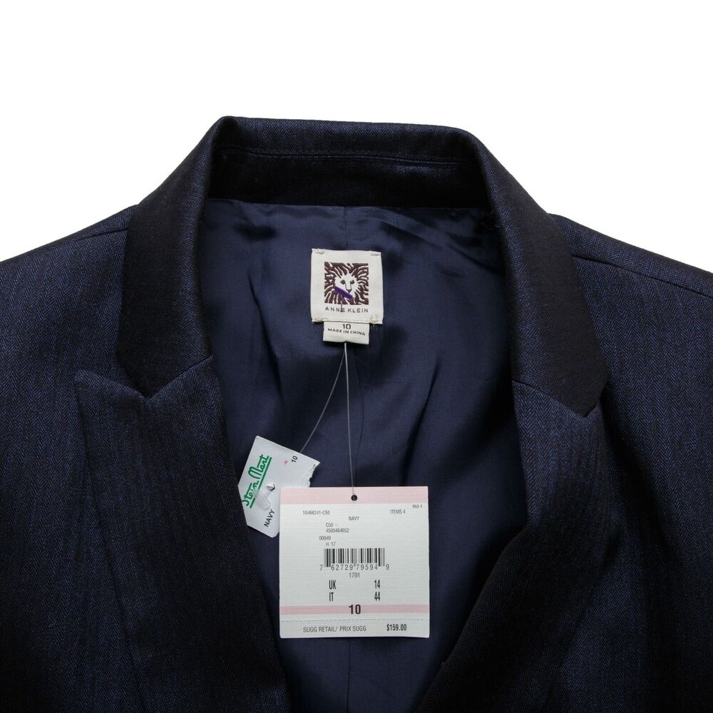 Anne Klein Size 10 Navy Blue Herringbone Twill One Button Blazer Notch Collar - Picture 5 of 12